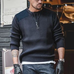 Men's Sweaters Maden a rayures verticales pour homme coupe ajustee col rond en tricot retro Design classique avec Patch de couture 231205