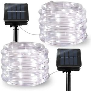 Andra evenemangsfestleveranser Solar Rope Lights 5/10/20M White Solar LED Tube Fairy Lights Waterproof för utomhus Garden Tub Street Decor 8 -lägen Stränglampor 231207