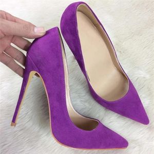 Sapatos de vestido 8cm 10cm 12cm Mulheres Sólido Roxo Flock Pointy Toe Salto Alto Elegante Senhoras Lindo Stiletto Bombas Festa