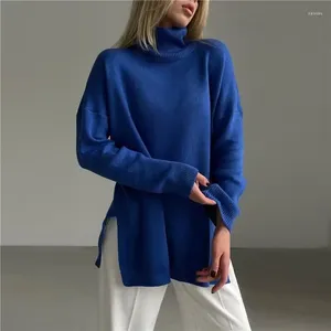 Suéteres femininos Split Long Sweater Mulheres Turtleneck Outono Inverno Laranja Azul Pulôver Colorblock Knit Jumper Grosso Quente Y2K Jacquard