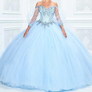 Glittrande himmel blå från axeln quinceanera klänningar pärlor kristall tull vestidos de 15 anos puff hylsa födelsedagsfest