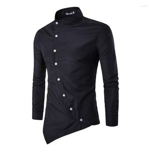 Men's Casual Shirts Slanted Placket Collar Shirt Oblique Asymmetrical Hem Long Sleeve Stand