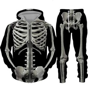 Kvinnors tvåbitar byxor Skull Hip Hop Halloween Costume Hoodie tröja Set Menwomen 3D Print Sweatshirt Sweatpants 2 Harajuku Streetwear 231206