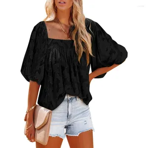Women's Blouses Sweet Square Collar Chiffon Shirt Spring/Summer Solid Jacquard Lantern Short Sleeve Blouse Office Lady Top Clothes S-XXL