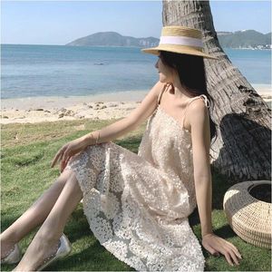 Casual Dresses Fashion Korean Style Women Vintage Sexy Strap Midi Vacation Dress Elegant Sweet Coffee Break Lace Mesh Loose Beach Female