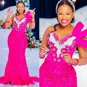 2023 Aso Ebi Promdress Fuchsia Mermaid Long Sleeves Lace Applique Beaded Evening Dress Vestidos De Gala Second Reception Prom Gowns Birthday Party Gown AM101