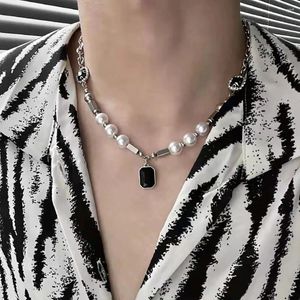 Hänghalsband 2023 Trend Choker Neckkedja Mens smycken Punk Hip-Hop Black Zircon Pearl Necklace Par Man rostfritt stål smycken