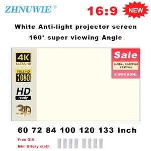 Проекционные экраны ZHNUWIE Экран проектора с белой сеткой, противосветовой 16 9, проекционный экран для дома 72, 84, 100, 120, 133 дюйма, портативная светоотражающая ткань 231206