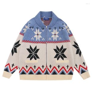 Camisolas masculinas Oversized Cardigan Mulheres Roupas Contraste Cor Stand Pescoço Casual Sueter Natal Moda Tricô Jaquetas Pull Femme