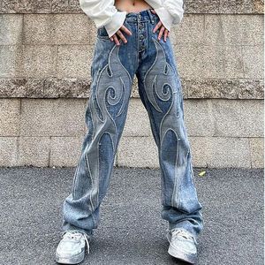 Мужские джинсы, винтажные мужские джинсы с вышивкой пламенем, потертые старые мужские повседневные брюки свободного покроя Y2K, джинсовые