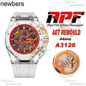 男性オーデーマピグウォッチAPFファクトリー44mm aet Remould A3126 Chronograph Mens透明複合材料ケースレッドダイヤルホワイトラバーストラップスーパーバージョンh h