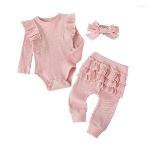 Giyim setleri moda düz renkli bebek giysileri kızlar bahar sonbahar kız pamuk uzun kollu üstleri pantolon fular 6-24 ay