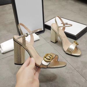Womens High Heel Sandals Designer Leather Metal Double buckle Shoes Lady Sexy Peep-toe chunky Heel Dress Shoes Spring Autumn High Heels 10cm
