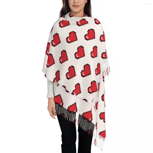 Шарфы с рисунком сердца в пиксельном стиле, шарф для женщин, теплые зимние шали и накидка, длинные большие женские с кисточками