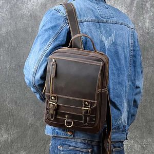 Abendtaschen Luufan Crazy Horse Leder Herren Brusttasche Einzelner Schulterrucksack 2 Verwendung Vintage Rindsleder Männlicher Reiserucksack Tagesrucksack Braun 231207