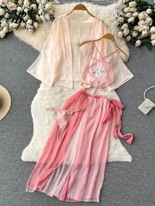 Abiti da lavoro SINGREINY Porno Retro Hanfu Set trasparenti Moda Top a maniche lunghe Halter Fascia per pancia Gonna divisa Lingerie Abiti sexy in chiffon con stampa