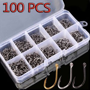 Nya fiskekrokar Fiskekrokar Set 100st Box 10 Series High Carbon Steel Single Circle Fishing Hook Fly Fishing Jip Barbed Carp Hooks