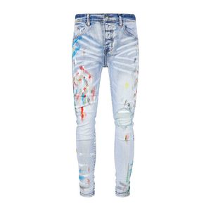 Designer Amirssnew Mens Blue Jeans med färg fläckiga målningsmode jeans