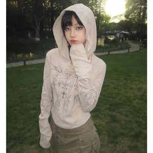 Women's T Shirts Korean Tattoo Printed Sexy Slim Long-sleeved T-shirt Women 2024 Spring High Street Fashion All Match Hooded Crop Tops