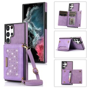 Capa de telefone com suporte de carteira de cordão para Samsung A12 A13 A04S A04 M13 A51 A52 A53 A54 S20 S21 S22 S23 Ultra Plus 20FE Z-Flip4 Z-Flip3 Capa de telefone de couro com bloqueio RFID