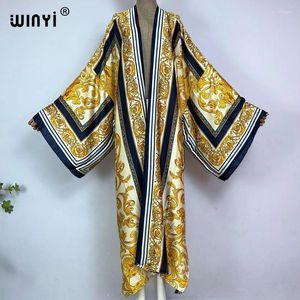 Kvinnors badkläder Winyi Kimono Africa Summer Boho Print Bikini Cover-up Elegant Fashion Cardigan Sexig Holiday Long Sleeve Silk Feeling Maxi