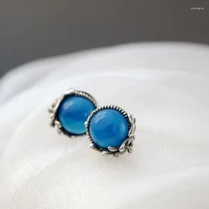 Brincos de garanhão autêntico 925 prata esterlina senhora estilo retro pequenos earstuds incrustados natural azul calcedônia brinco na moda jóias presente