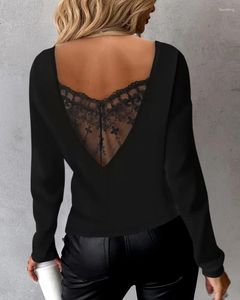T-shirt da donna in pizzo a contrasto manica lunga senza schienale Top donna primavera 2024 camicia girocollo nera allentata casual streetwear Y2K vestiti