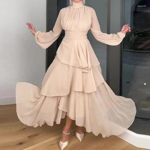 Casual Dresses Women Fashion Turtlene Pleated Long Dress Office Sexig Mesh Sleeve Princess Party Elegant midja skiktad ruffle