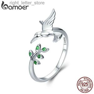 Solitaire Ring Bamoer 925 Sterling Silver Spring Tree Leaves Bird Open Ring Green Zircon Adjustable Finger Ring for Women Fine Jewelry SCR323 YQ231207