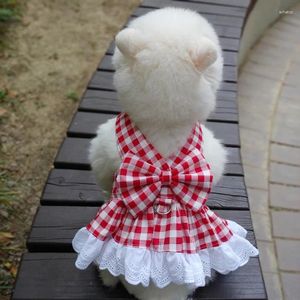 Cão vestuário pet gato laço xadrez bowknot princesa vestido para teddy bear pequeno fino primavera roupas de verão