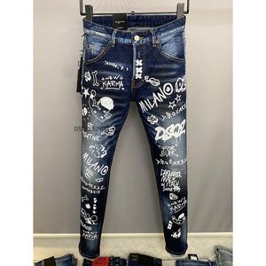 Vinter män jeans hål ljus blå mörk grå Italien varumärke man långa coolguy byxor byxor streetwear denim mager smal rak cyklist jean för manlig d2 -knapp multi ficka