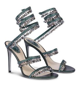 Elegant 2024S/S Bridal ReneCaovilla Chandelier Wind Sandals Shoes Women Crystals-embellished Satin Snake Beads Wrapped Strap Party Dress High Heels Lady Sandalias