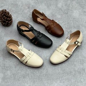 Mary Handmade Jane Art Sandals Leather Women's 2023 Summer Round Head Flat Fashion Cowhide White 5