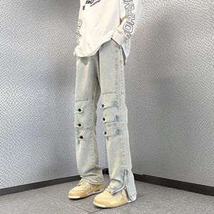 Jeans masculinos homem cowboy calças zíper bootcut com fendas calças flared carga de alta qualidade em 2023 coreano outono denim algodão