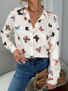 Moda borboleta impressão lapela gola camisa feminina single-breasted emenda topos senhoras outono manga longa solta blusa commuter