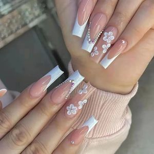 False Nails 24pcs False Nails With Glue Flower Design Long Coffin French Ballerina Fake Nails Full Cover Acrylic Nail Tips Press On Nails 231207