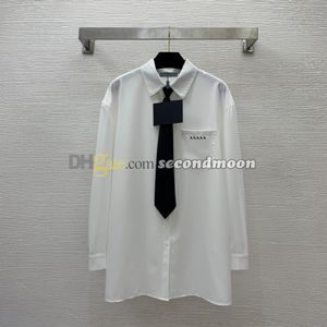 Lapel hals t shirt kvinnor bokstäver tryck tee långärmhet vita tees sommar andningsblusar med slips