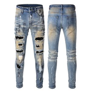 Jeans masculinos europeus e americanos na moda vintage quente diamante patch elástico slim fit jeans