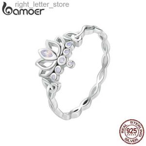 Solitaire Ring Bamoer 925 Sterling Silver Lotus Ring Elegant Flower Purple Zircon Band for Women Party Platinum Plated Fine SMEE sach Gift BSR487 YQ231207