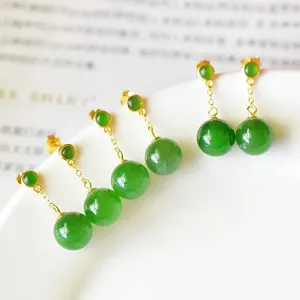 Dangle Earrings Original Design Silver Inlaid Spinach Green Hetian Jasper Round Beads Women's Simple Chinese Fresh Jewelry