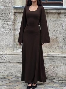 カジュアルドレス秋の冬のニットリブラップ女性のための長いドレスシンプルなスタイルの袖uネックボディコン