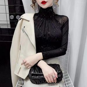 Women's Blouses Vintage Women Top Elegant Pleated Mock Turtleneck Long Sleeves For Slim Fit Soft Stretch Ladies Shirt Black