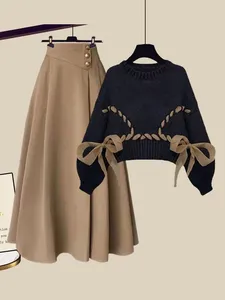 Vestidos de trabalho inverno francês retro quente 2 peças conjunto para roupas femininas coreano rendas até bandagem camisola de malha cintura alta conjuntos de saia de lã