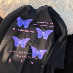 Men's Tank Tops Women's T Shirt Harajuku Aesthetic Y2k Purple Butterfly Letter Print Short Sleeve Oversized Sweet Girl Streetwear