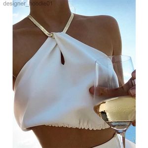 Tank da donna camis Missnight Chain Halter Tops for Women Satin Crop Top Top White Bianco Bianco Black Sexy Cami Streetwear Streetwear Summer L231208