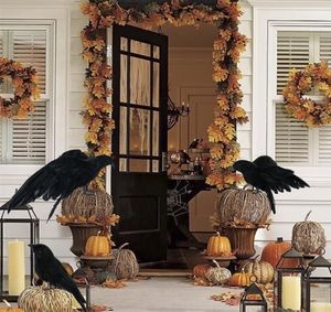 Conjunto de 3 peças de adereço de corvo artesanal realista para halloween, penas pretas, mosca e suporte, corvos, corvo, decoração 2009293827183
