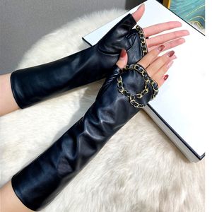 Designer 100% Sheepskin Leather Gloves Fingerless Black Color Thin Section Finger Arm Sleeve Fashion Long Style For Women Driving Riding Bungee Bar Nightclubs