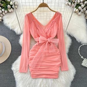 Casual Jurken Foamlina Lente Herfst Sexy See Through Mesh Lange Mouw Bodycon Mini Jurk Vrouwen Elegante V-hals Slanke Strik Gebonden sjerp Party