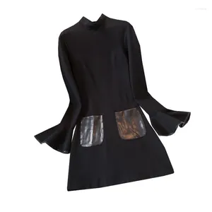 Casual Dresses Autumn And Winter Retro Round Neck Long Sleeves Lotus Elegant Black Temperament Dress