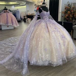 Lavanda champanhe brilhante quinceanera vestidos 3d flores apliques florais rendas com capa vestidos de xv anos doce dezesseis vestido